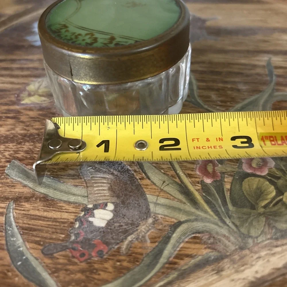 Vtg 2pc Art Deco Glass Vanity Jar Set w/ Floral Celluloid Lids 1940s/50s